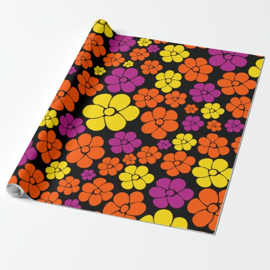 Papier Cadeau Motif de fleurs - Noir, Rose, Orange et Jaune (Déroulé)