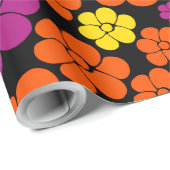 Papier Cadeau Motif de fleurs - Noir, Rose, Orange et Jaune (Coin rond)