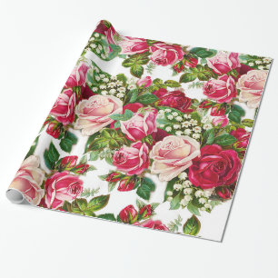 Papier Cadeau Motif de fleurs rose rouge vintage chic de roses