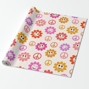 Papier Cadeau Motif de fleurs souriantes joyeuses avec des signe