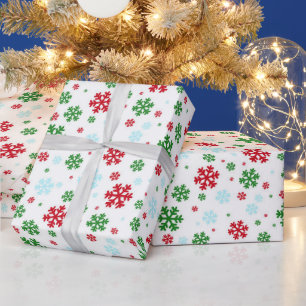 Papier Cadeau Motif de flocon de neige de Noël rouge, bleu et ve