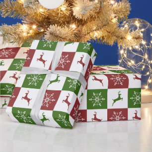 Papier Cadeau Motif de flocon de neige rouge et vert de Noël