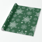 Papier Cadeau Motif de flocon de neige vert et blanc (Déroulé)