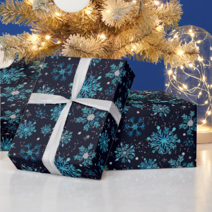Papier Cadeau Motif de flocons de neige hivernaux bleus et argen