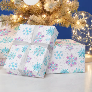 Papier Cadeau Motif de flocons de neige hivernaux violets et ble