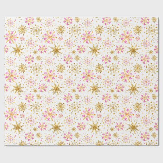 Papier Cadeau Motif de flocons de neige rose et or (Plat)