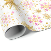 Papier Cadeau Motif de flocons de neige rose et or (Coin rond)