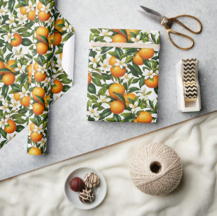 Papier Cadeau Motif de floraison de fruit orange botanique vinta