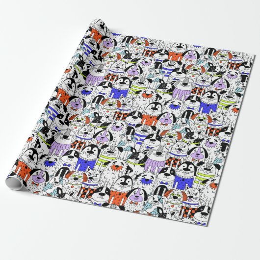 Papier Cadeau Motif de foule de chiens colorés (Déroulé)