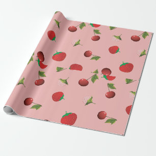 Papier Cadeau Motif de fraise rouge et de cerise sur un fruit ro