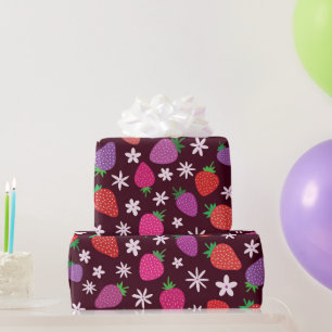Papier Cadeau Motif de fraises et de fleurs blanches