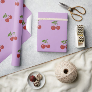 Papier Cadeau Motif de fruit cerise rouge violet pastel rétro fé