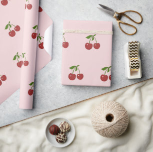 Papier Cadeau Motif de fruit féminin Rose pastel et Cerise Rouge