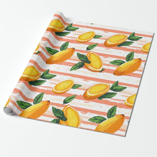 Papier Cadeau Motif de fruits Mango avec Feuilles verts (Déroulé)