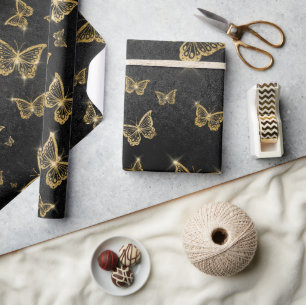 Papier Cadeau Motif de glam or et papillons noirs