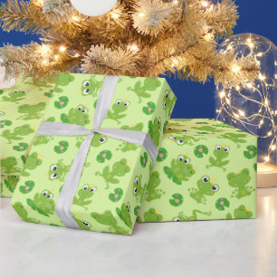 Papier Cadeau Motif de grenouilles mignonnes sur fond vert vif