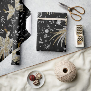 Papier Cadeau Motif de grues et de fleurs