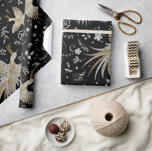 Papier Cadeau Motif de grues et de fleurs (Artisanat)