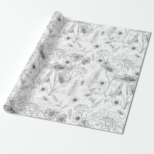 Papier Cadeau motif de jardin fleuri en marguerite noire et blan