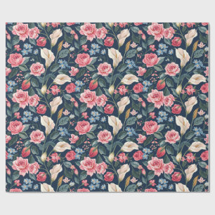 Papier Cadeau Motif de jardin floral bleu marine romantique