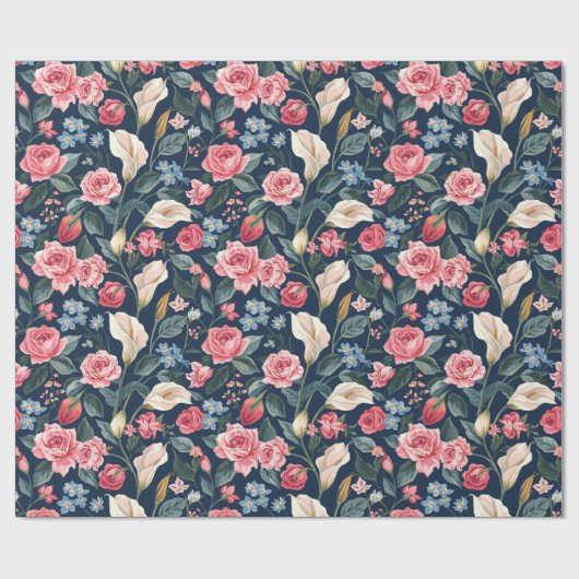 Papier Cadeau Motif de jardin floral bleu marine romantique (Plat)
