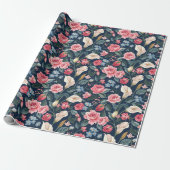 Papier Cadeau Motif de jardin floral bleu marine romantique (Déroulé)