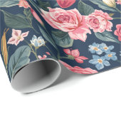 Papier Cadeau Motif de jardin floral bleu marine romantique (Coin rond)