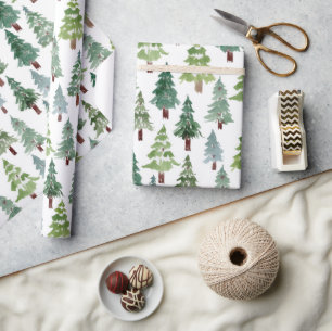 Papier Cadeau Motif de la forêt d'hiver de pin d'aquarelle
