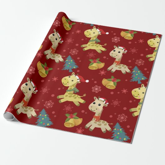 Papier Cadeau Motif de la Giraffe de Noël mignonne (Déroulé)
