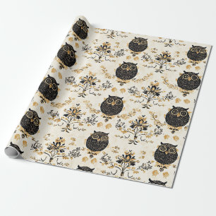 Papier Cadeau Motif de la nature beige vintage chouette