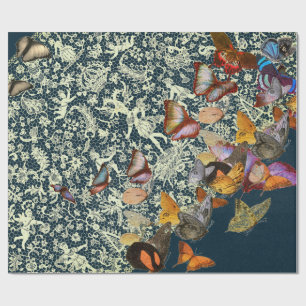 PAPIER CADEAU MOTIF DE LACE EN BLEU AVEC BOUTEILLES CADEAUX