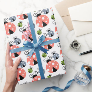 Papier Cadeau Motif de Ladybugs Rose, Bleu et Vert