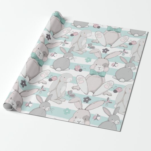Papier Cadeau Motif de lapins de printemps (Déroulé)