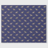 Papier Cadeau Motif de libellules d'or bleu marine moderne (Plat)
