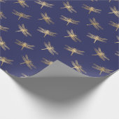 Papier Cadeau Motif de libellules d'or bleu marine moderne (Coin)