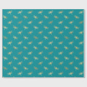 Papier Cadeau Motif de libellules d'or Turquoise moderne (Plat)