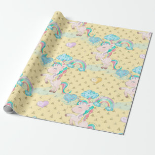 Papier Cadeau Motif de licorne magique jaune clair