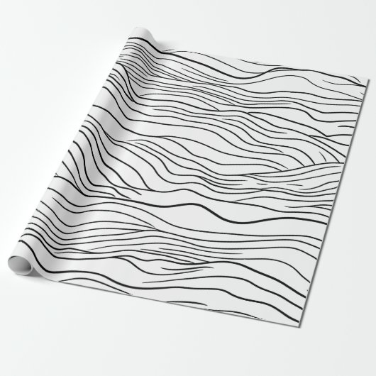 Papier Cadeau Motif de ligne ondulée dessinée à la main en noir (Déroulé)