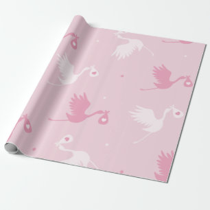 Papier Cadeau Motif de livraison d'oiseaux à la cigogne rose et 