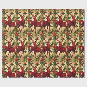 Papier Cadeau Motif de luxe Red Deer Moose Gold Snow Joyeux Noël