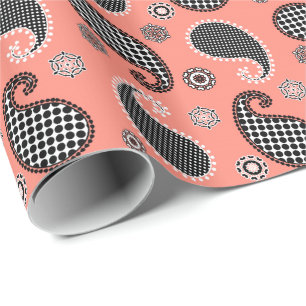 Papier Cadeau Motif de marais, rose corail, noir et blanc