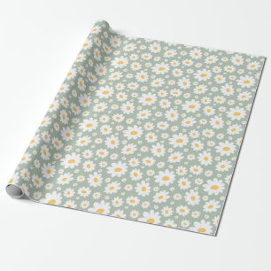 Papier Cadeau Motif de Marguerite Dessiné à la Main Vert Sauge