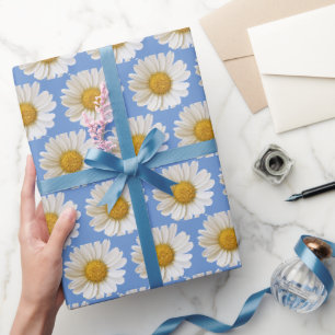 Papier Cadeau Motif de marguerites blanches sur fond bleu