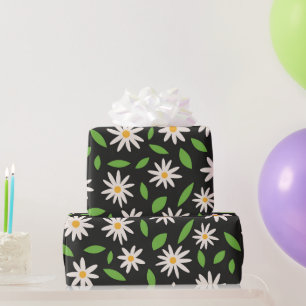 Papier Cadeau Motif de marguerites rétro funky sur fond noir pou