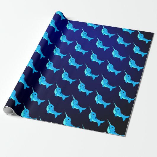 Papier Cadeau motif de narvals bleus sur Navy Blue (Déroulé)
