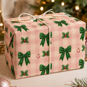 Papier Cadeau Motif de Noël à ruban rose vert à carreaux féminin