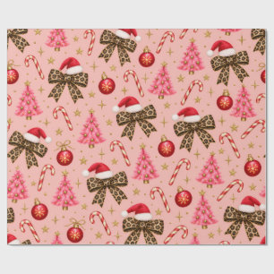 Papier Cadeau Motif de Noël à rubans léopard rose