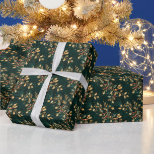 Papier Cadeau Motif de Noël au houx doré et vert