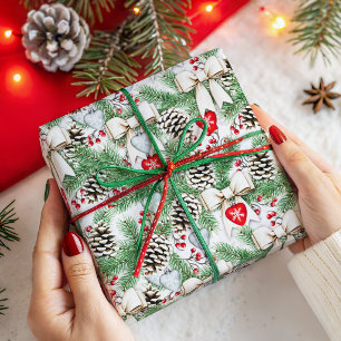 Papier Cadeau Motif de Noël aux Cônes de Pin et Branches Rustiqu