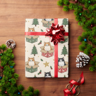 Papier Cadeau Motif de Noël avec chatons orange et noir & blanc